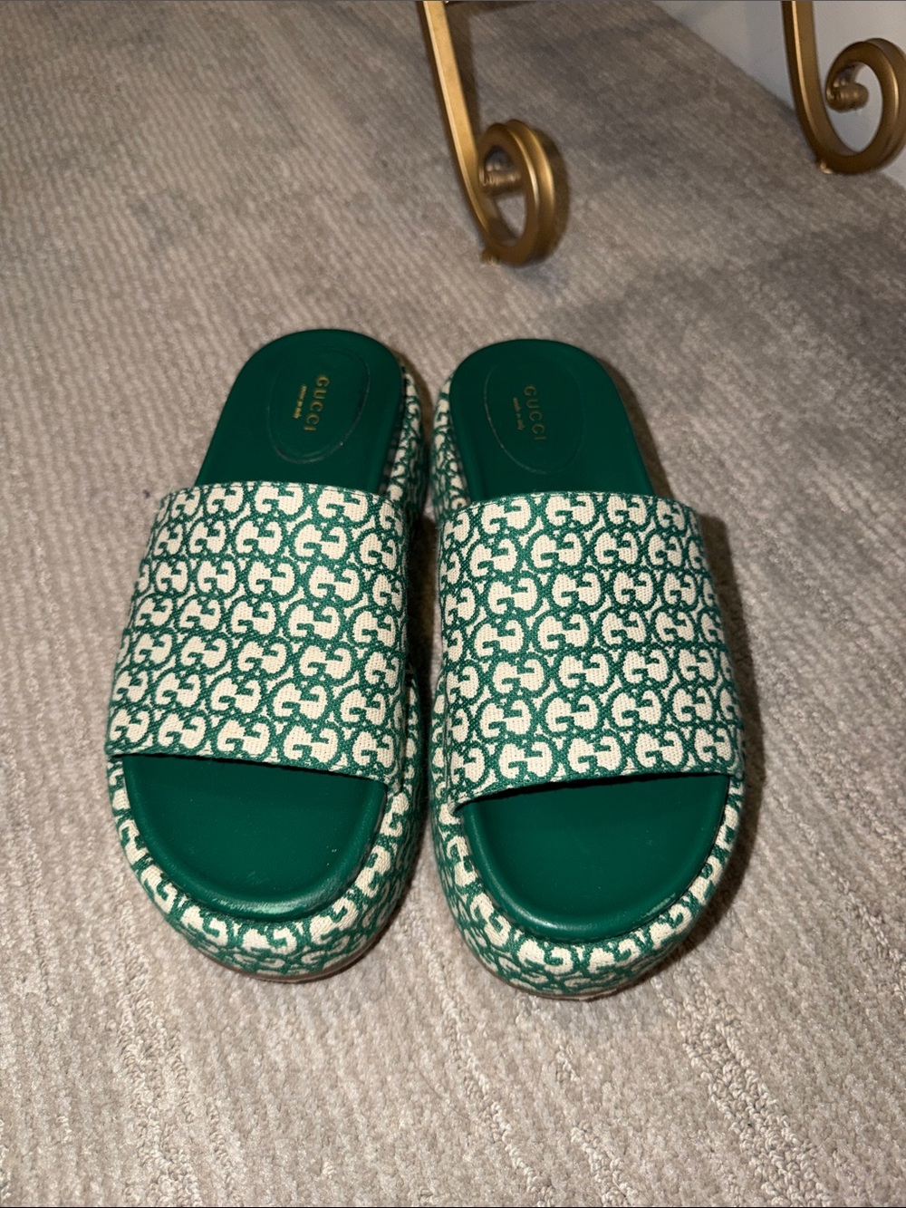 Gucci Green and White GG Canvas Slide Sandals